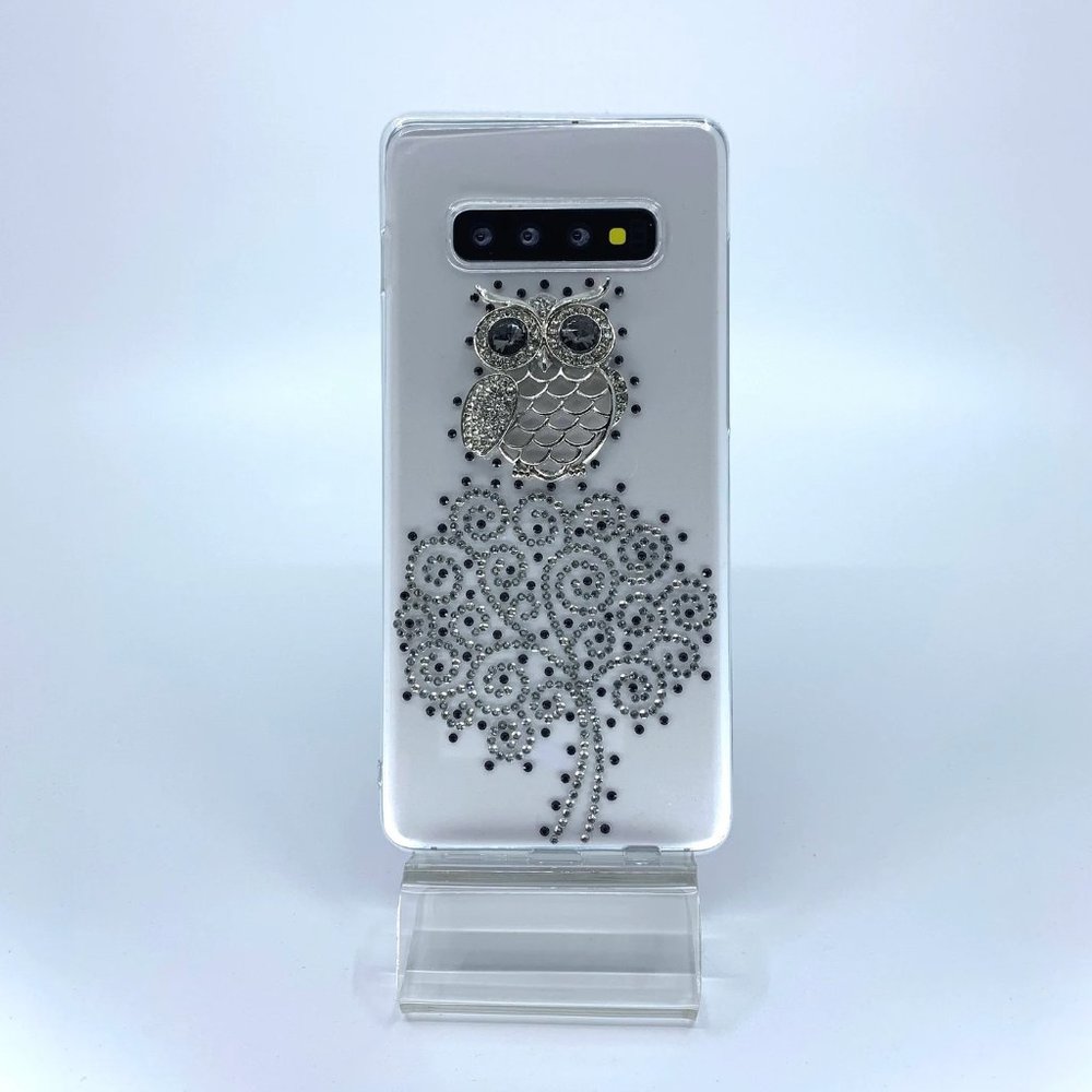 Galaxy S10 Plus case. PC material. Unique Handmade. Black and silver rhinestones